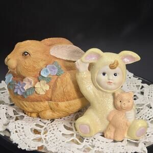 Vintage Easter Decor K's Collection Bunny Child & Silvestri Trinket Dish Spring